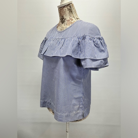J CREW Blue and white micro stripe ruffle top blouse size 8. - Picture 2 of 12
